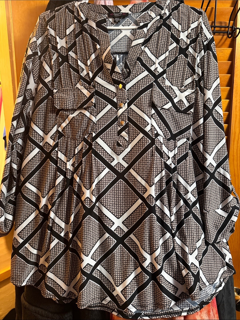 Cocomo Black and White Geometric Button-Front Blouse